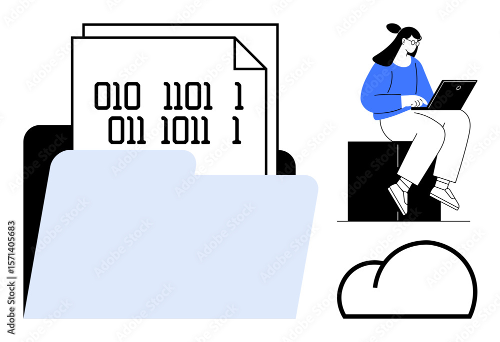 Poster folder with binary code documents, a woman coding on a laptop, and a cloud. ideal for technology, co