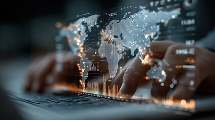 Businesspersons hands typing on laptop with global market