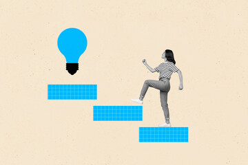 3d pop image sketch full collage of happy businessman businesswoman stand light bulb idea finding illumination power blackout