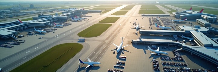 Top view at the airport landscape, showcasing a bustling urban transportation network under the sky