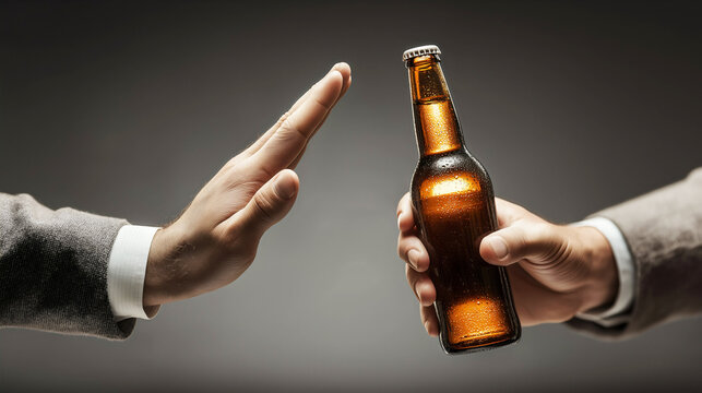 Businessperson politely declining alcoholic beverage with raised hand gesture while colleague extends beer bottle, professional corporate setting demonstrating workplace responsible drinking.
