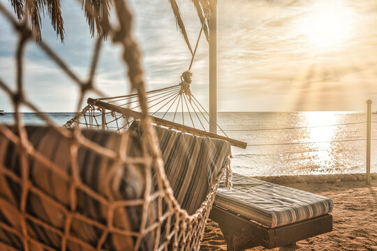 Relaxing hammock overlooking red sea sunset