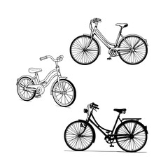 Three Black and White Line Drawings of Different Bicycles