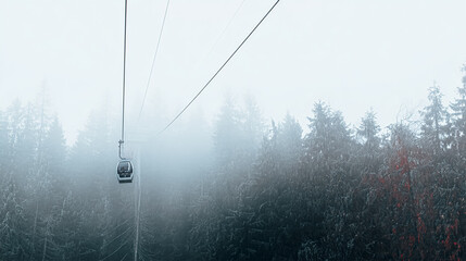 Blurred landscape - gloomy mountain forest covered with fog.