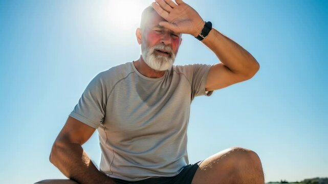 A senior man with a beard, showing signs of sunstroke with a red face, holds a water bottle against a blue sky. Dehydration and heat exhaustion. Use for health warnings and summer safety campaigns