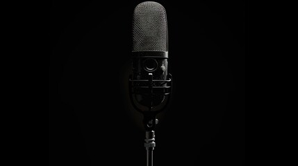 Retro microphone on stage on black background. Vintage Microphone On Studio With red yellow and blue Lights. banner with copy space
