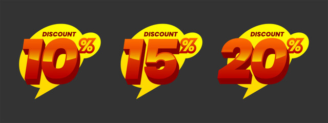 Set of discount label vector illustration, sale banner for promotional 10% off, 15% off, 20% off special offer tag sticker design element with 3D style vector