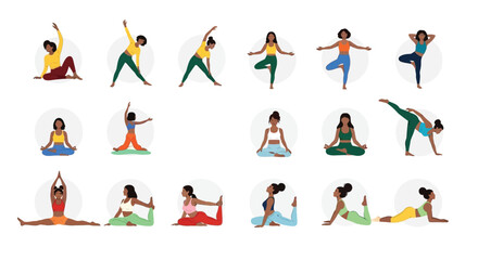 Yoga poses for beginners guide illustrated with diverse women and a camel