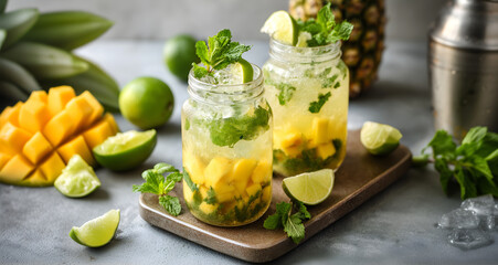 Creative food template. Glass of bubbly fizzy mango pineapple tropical refreshing mocktail cocktail juice drink with diced fruits, mint leaves herb, ice cube, lime wedge. copy text space
