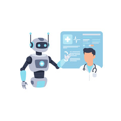 AI robot assistant showing diagnosis to doctor via holographic screen