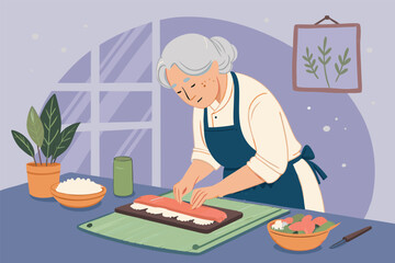 Create a vector illustration of a serene grandmother gently rolling sushi, showcasing a calm, low-fi aesthetic in a quiet home setting.