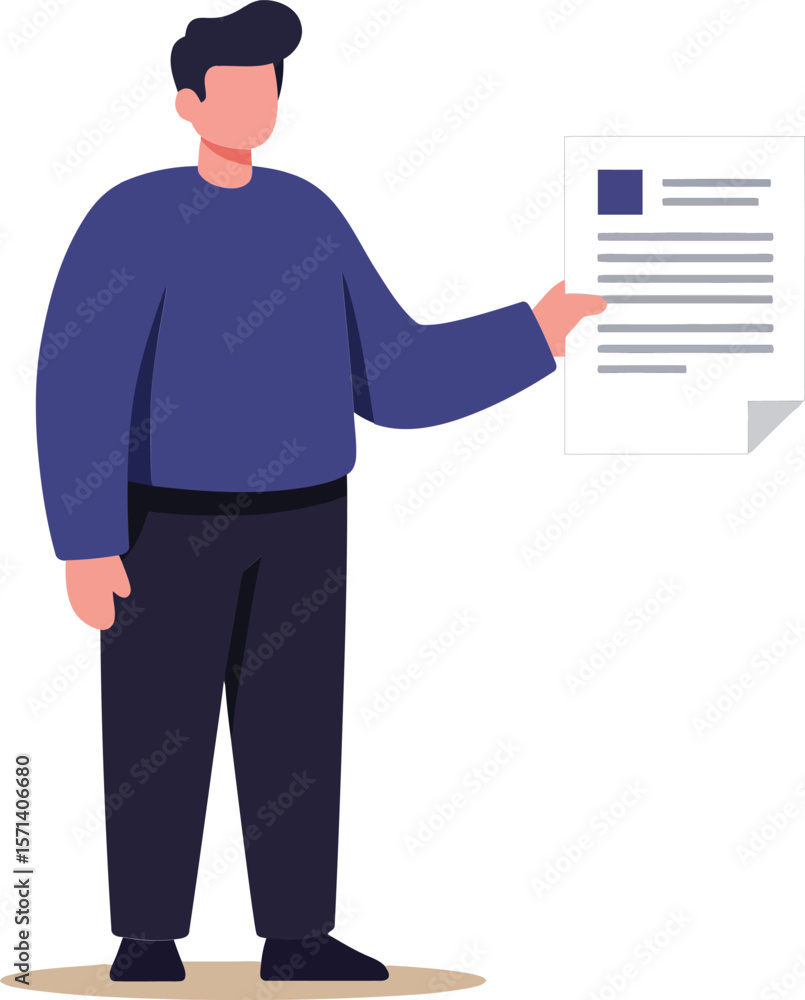 Poster man holding document standing and reading with calm expression in minimalistic design style