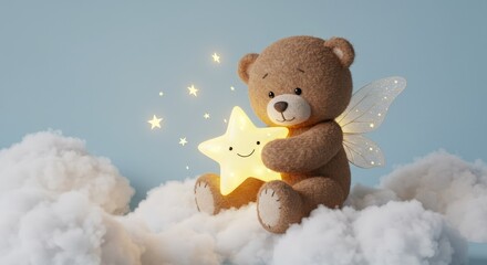Cute teddy bear with wings sits on cloud holding star