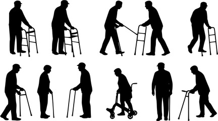Fototapeta premium Group of elderly people with walking aids in different poses vector silhouette set collection. 