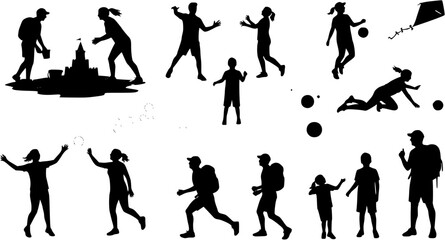 Playful family outdoor activities and sports different poses set silhouettes.
