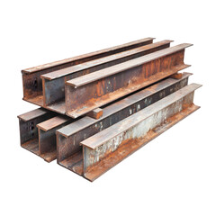 Stacked rusty metal beams display textures of industrial decay against a solid black backdrop, providing a raw and weathered architectural element, transparent background