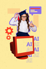Vertical pop poster banner collage of happy schoolgirl show like gesture peek monitor artificial...