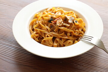 Creamy mushroom Mediterranean Italian Tagliatelle Pasta close up