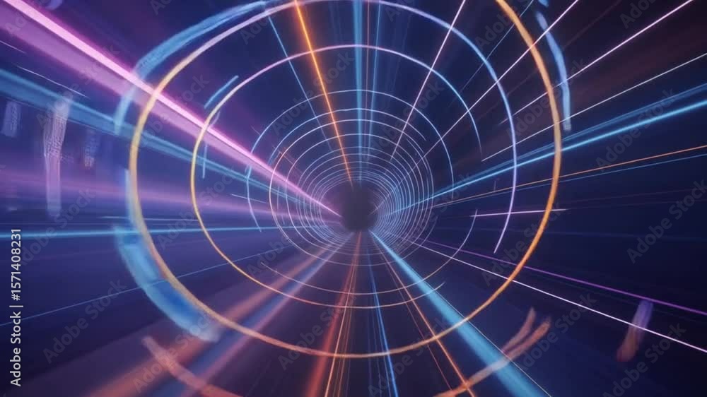 Poster abstract tunnel visualization with glowing light beams creating an energetic background