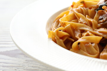 Creamy mushroom Mediterranean Italian Tagliatelle Pasta close up