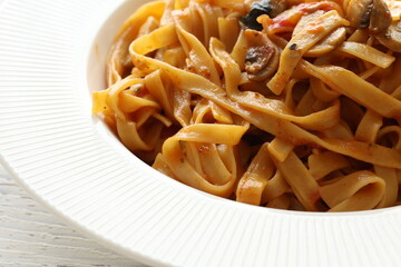 Creamy mushroom Mediterranean Italian Tagliatelle Pasta close up