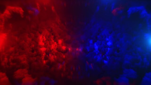 Digital Blue versus red energy particles collide. Lightning strikes competition backdrop. Hot fire versus cold ice Fighting Digital artwork. Red and blue colors. Flash light thunderbolt spark.
