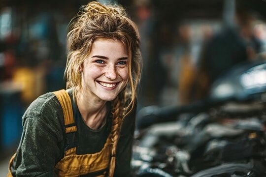 Young female mechanic smiling and repairing car engine - Powered by Adobe