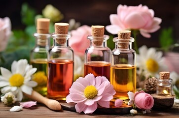 Aromatherapy. Concept of pure organic essential rose oil. Elixir with plant based floral or herbal ingredients. Pink flowers extract. Spa atmosphere with candle, towel. White background.