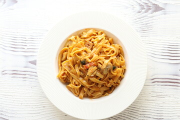 Creamy mushroom Mediterranean Italian Tagliatelle Pasta close up