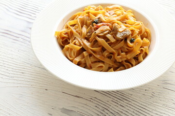 Creamy mushroom Mediterranean Italian Tagliatelle Pasta close up