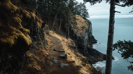 Tranquil Rocky Coast Path in Forest Surrounded by Ocean and Dramatic Cliffs, Ideal for Nature Lovers Seeking Natural Beauty and Relaxation