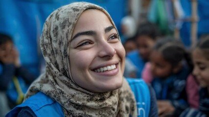 Cheerful humanitarian worker in a hijab interacts warmly with children in a refugee camp, fostering hope and connection. The scene highlights compassion and community support