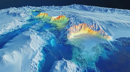 Vibrant 3D Terrain Model of a Glacial Landscape with Colorful Peaks, Deep Valleys, and Crystalline Water Bodies Under Bright Sunlight