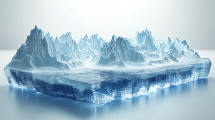 Crystal Clear Ice Formation with Rugged Mountains and Serene Water Surface, Capturing the Beauty of Nature in Frozen Landscape