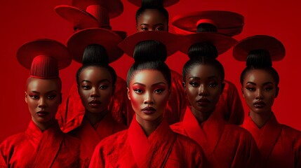 Obraz premium A group of women in vibrant red attire.