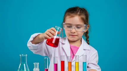 A smiling little girl in a lab coat and safety glasses conducts a chemical experiment. Science for kids and education concept. Use for school promotion, science fair