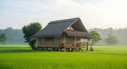 Obraz premium Eco-Friendly Cabana in a Sri Lankan Paddy Field