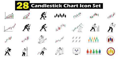 A comprehensive 28-piece set of candlestick chart icons depicting trading and financial analysis concepts.