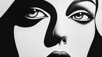 Abstract Black and White Art of a Mysterious Woman Portrait with Dramatic Eyes and Striking Features