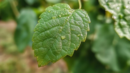 Close-up View of Dewy Green Leaf with Textured Surface in Natural Setting under Soft Lighting Conditions