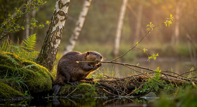 Fototapeta European beaver (Castor fiber) with a branch at a peaceful lake