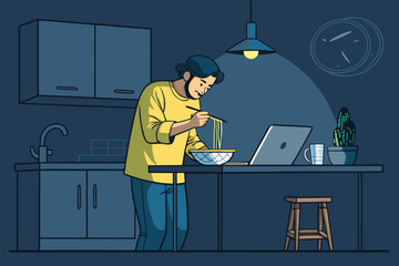 Create a vector illustration of a man in a cozy, dimly lit kitchen, late at night, meticulously preparing a bowl of steaming ramen.  Show a focus on the process and the comforting atmosphere.