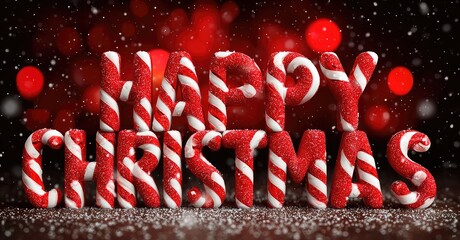 Festive candy cane letters spell happy christmas with falling snow