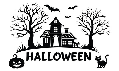 Halloween Spooky House Silhouette with Bats and Pumpkin