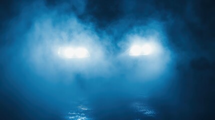 Mysterious Car Headlights Illuminating Foggy Night Scene with Dark Atmosphere and Enigmatic Visual Effects