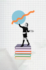 Vertical pop sketch 3d collage of happy schoolgirl hold palette paintbrush walk book literature art...