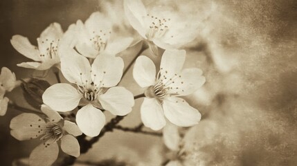 Delicate White Cherry Blossoms on a Branch with a Vintage Sepia Background Evoking Nostalgia and Serenity in Nature's Beauty