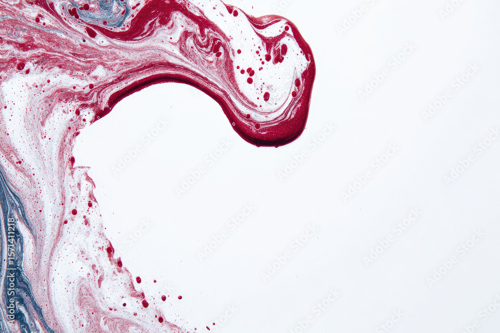 Poster red marbling ink texture with swirling abstract pattern on white background, creative experimental a