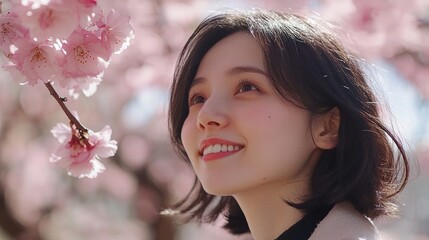 Joyful young woman enjoying cherry blossoms in spring, surrounded by vibrant pink flowers under a bright blue sky, capturing the essence of beauty and happiness.