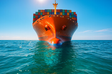 Massive orange cargo ship sailing on blue ocean under sunny sky container ship water